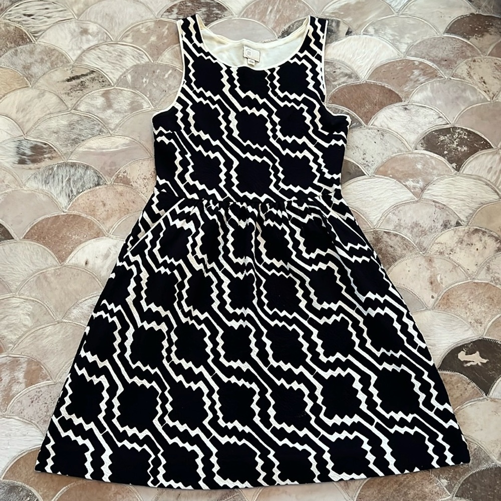 Anthropologie Black and White Print Cotton Pique Tank Dress with Pockets Size 8
